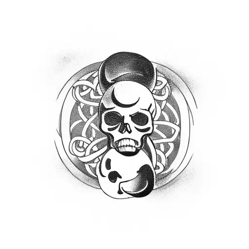 A cat and a skull intertwined, forming a yin and yang symbol, with rays of sunlight and smoke tattoo design idea
