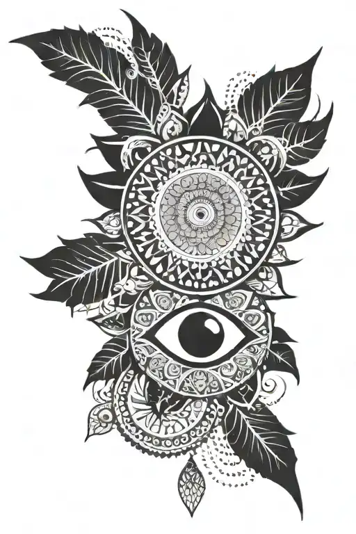 eye surrounded by mandalas with small sun moon fire elements tattoo design idea