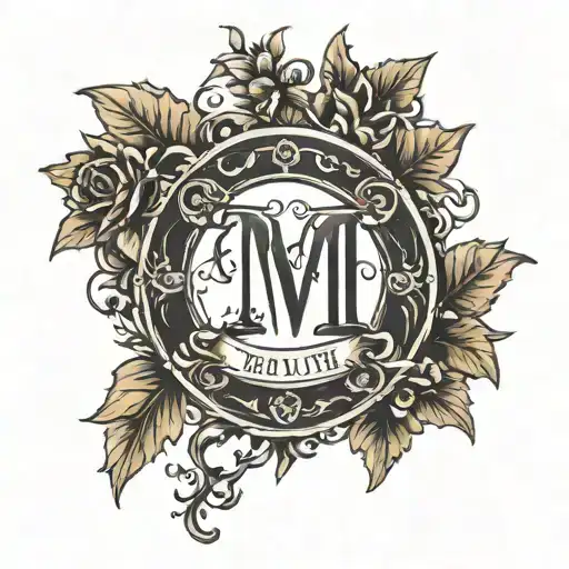 wreath with small english letter m gothic style tattoo design idea