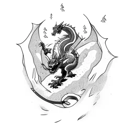 Snowboarding down a mountain with a dragon in the background tattoo design idea