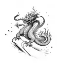 Snowboarding down a mountain with a dragon in the background tattoo design idea