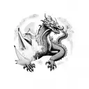 Snowboarding down a mountain with a dragon in the background tattoo design idea