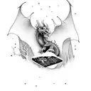 Snowboarding down a mountain with a dragon in the background tattoo design idea