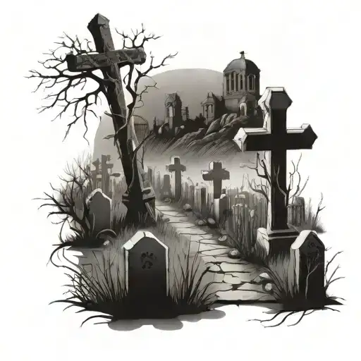 A graveyard scene with tombstones shaped like crosses and skeletons rising from the ground tattoo design idea