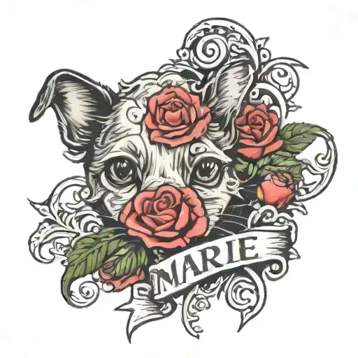 Name that says "Marie" that has a relationship with dogs tattoo design idea