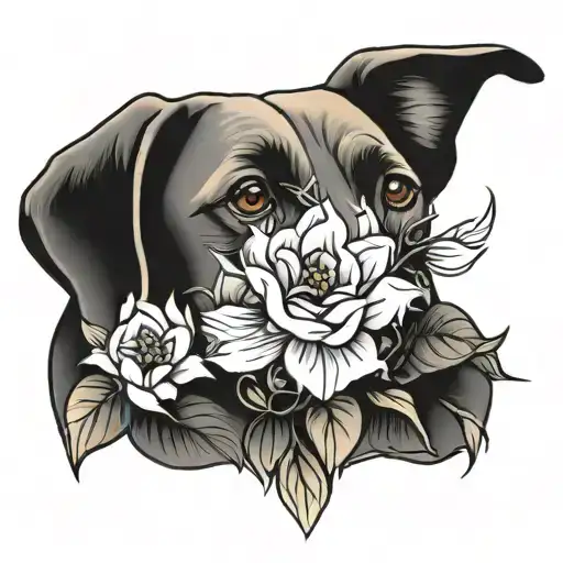 labrador dog face with flowers tattoo design idea