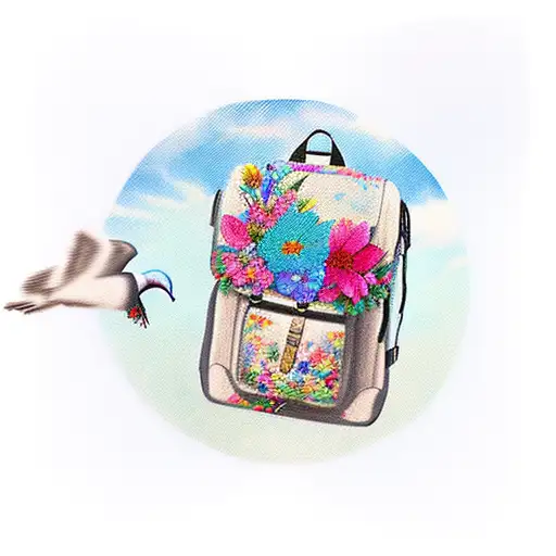 A realistic tattoo depicting a traveler's backpack adorned with colorful flowers and a dove in flight, representing the client's passion for travel and their belief in the freedom it brings. tattoo design idea