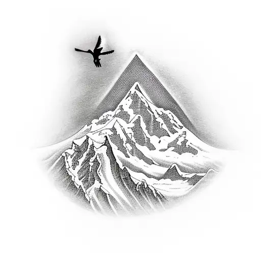 A realistic tattoo depicting a breathtaking mountain peak with a winding hiking trail leading towards it, adorned with blooming flowers and a dove soaring above, representing the client's passion for adventure and gratitude. tattoo design idea