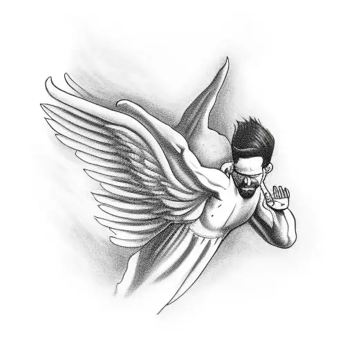 A FLYING ANGEL STRETCHING OUT HIS HAND TRYING TO REACH THE SUN, AND ONE OF HIS WINGS IS A DEVIL'S tattoo design idea