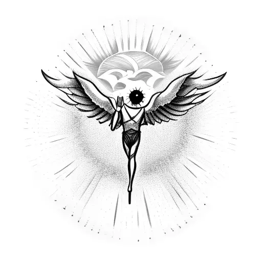 A FLYING ANGEL STRETCHING OUT HIS HAND TRYING TO REACH THE SUN, AND ONE OF HIS WINGS IS A DEVIL'S tattoo design idea