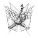 A FLYING ANGEL STRETCHING OUT HIS HAND TRYING TO REACH THE SUN, AND ONE OF HIS WINGS IS A DEVIL'S tattoo design idea