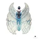 A FLYING ANGEL STRETCHING OUT HIS HAND TRYING TO REACH THE SUN, AND ONE OF HIS WINGS IS A DEVIL'S tattoo design idea