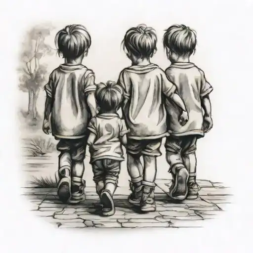 3 little kids walking towards the view tattoo design idea
