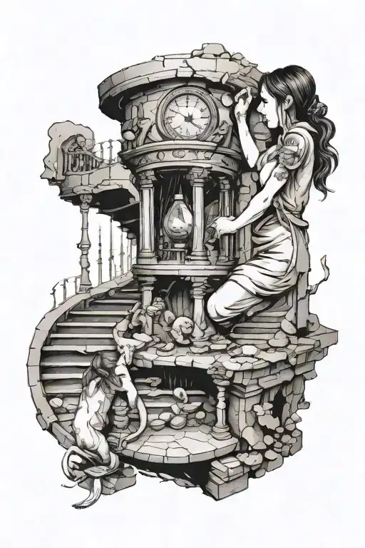 a woman crying into a hour glass that fades to crumbling stairs that a small child is trying to climb tattoo design idea