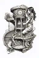 a woman crying into a hour glass that fades to crumbling stairs that a small child is trying to climb tattoo design idea