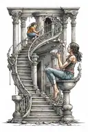 a woman crying into an hour glass that fades to crumbling stairs that a small child is trying to climb tattoo design idea