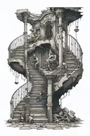 a woman crying into an hour glass that fades to crumbling stairs that a small child is trying to climb tattoo design idea