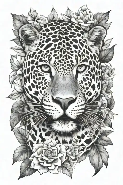 jungle forest animals black white red flower jaguar tattoo design idea
