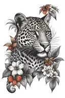 jungle forest animals black white red flower jaguar tattoo design idea