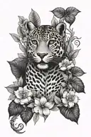 jungle forest animals black white red flower jaguar tattoo design idea