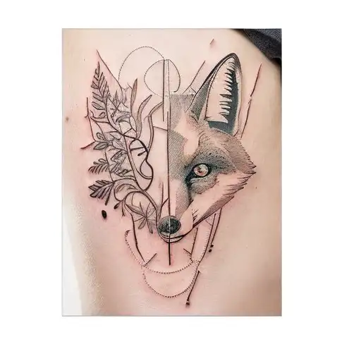 a fox and skull and leaves tattoo design idea