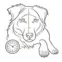 A minimalist outline of an Australian Shepherd with a digital clock integrated into its design, reflecting the client's favorite things and passion for technology tattoo design idea