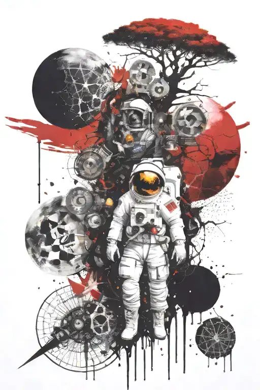 quantum mechanics with astronaut and time along with space stuff, also include eye of god and matrix, a big tree of life tattoo design idea