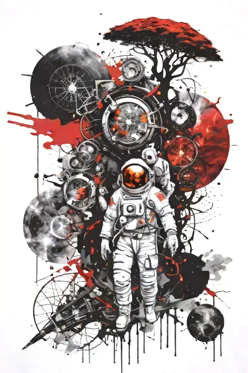 quantum mechanics with astronaut and time along with space stuff, also include eye of god and matrix, a big tree of life tattoo design idea