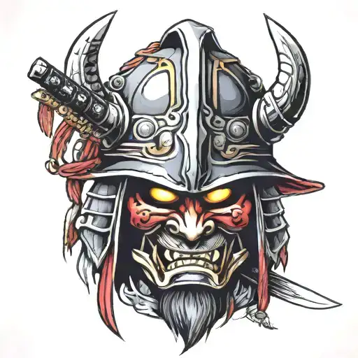 traditional samurai  helmet with demon mask crossed katana and yari spear tattoo design idea