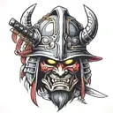 traditional samurai  helmet with demon mask crossed katana and yari spear tattoo design idea