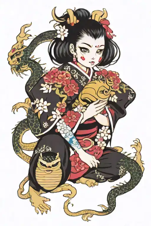 Dragon , daruma doll and japan girl with sakura tattoo design idea