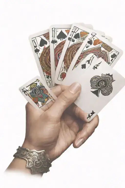 one woman hand holding five poker cards in one hand, in front of her face, showing the cards tattoo design idea