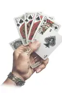 one woman hand holding five poker cards in one hand, in front of her face, showing the cards tattoo design idea