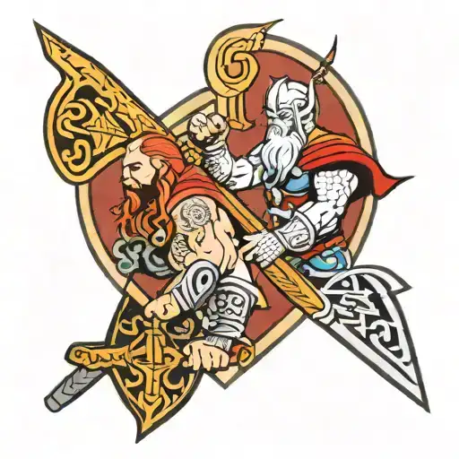 traditional norse tattoo with kratos and and thor. Norse runes. tattoo design idea