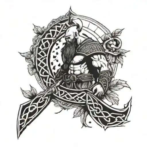 traditional norse tattoo with kratos. Norse runes. gigko biloba leaves tattoo design idea