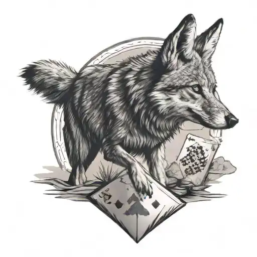 A realistic black and grey tattoo of a coyote playing poker with a desert backdrop tattoo design idea