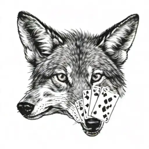 A realistic black and grey tattoo of a coyote playing poker at a casino tattoo design idea