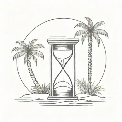  an hourglass; a sun; a palm tree, the outline of the island of mallorca tattoo design idea