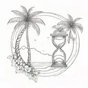  an hourglass; a sun; a palm tree, the outline of the island of mallorca tattoo design idea