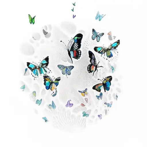 A beautiful composition of baby footprints surrounded by delicate butterflies and hummingbirds tattoo design idea