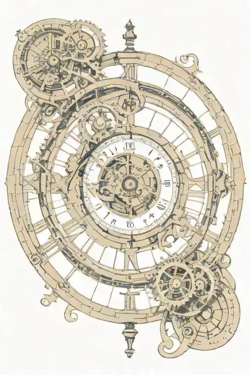A spiral that has different shapes in different areas, converging towards the center. At the center of this spiral is a steampunk clock. tattoo design idea