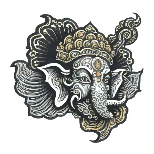 lord ganesh head with sun in the background surrounded by colouds waves  tattoo design idea