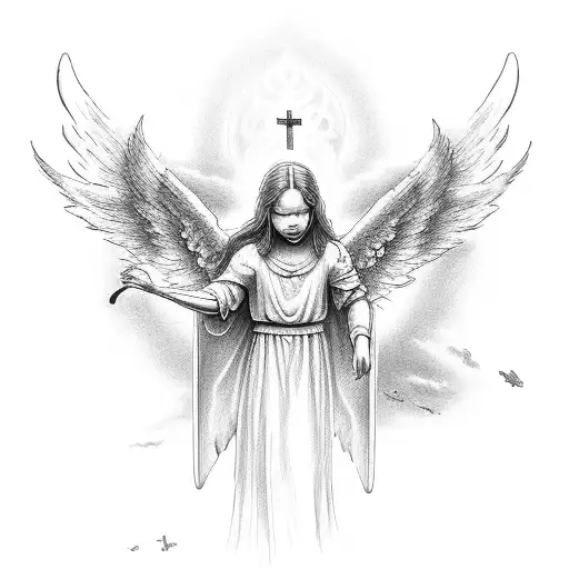 This quote "I am well protected from up there in heaven." Combined with an angel crying over a tombstone.Create a silhou tattoo design idea