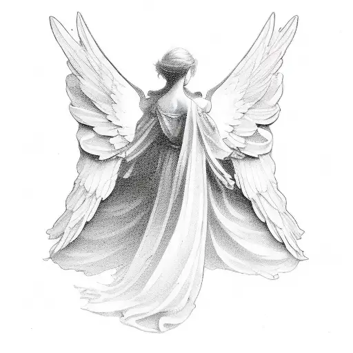 Create a silhouette of an angel with delicate wings, shedding tears, hovering over a tombstone tattoo design idea