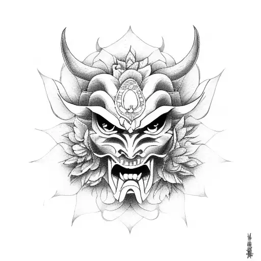 half hannya mask half flower tattoo design idea