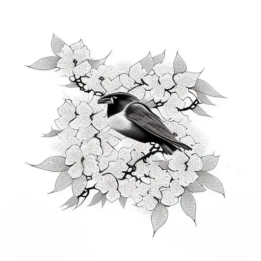 japanese style, bougainvillea, black and white, crow tattoo design idea