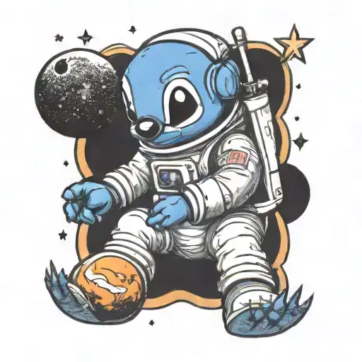 stitch in astronaut suit sitting on the moon tattoo design idea
