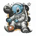 stitch in astronaut suit sitting on the moon tattoo design idea
