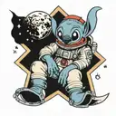 stitch in astronaut suit sitting on the moon tattoo design idea