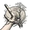 leafless tree growing from the pointer finger of a reaching male hand tattoo design idea